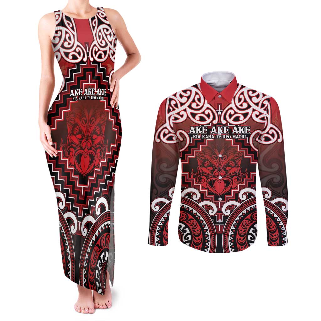 Personalised New Zealand Aotearoa Couples Matching Tank Maxi Dress and Long Sleeve Button Shirt Te Reo Maori Ake Ake Ake - Polynesian Pride