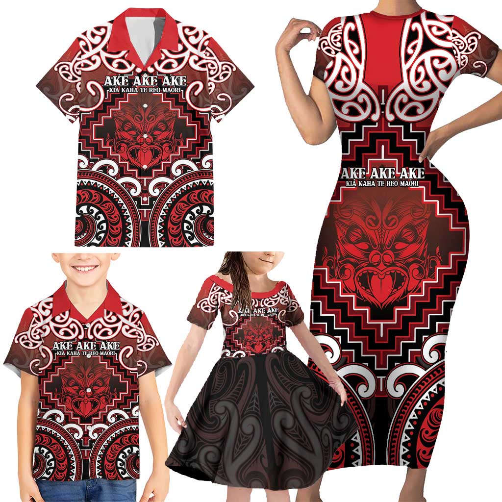 Personalised New Zealand Aotearoa Family Matching Short Sleeve Bodycon Dress and Hawaiian Shirt Te Reo Maori Ake Ake Ake - Polynesian Pride