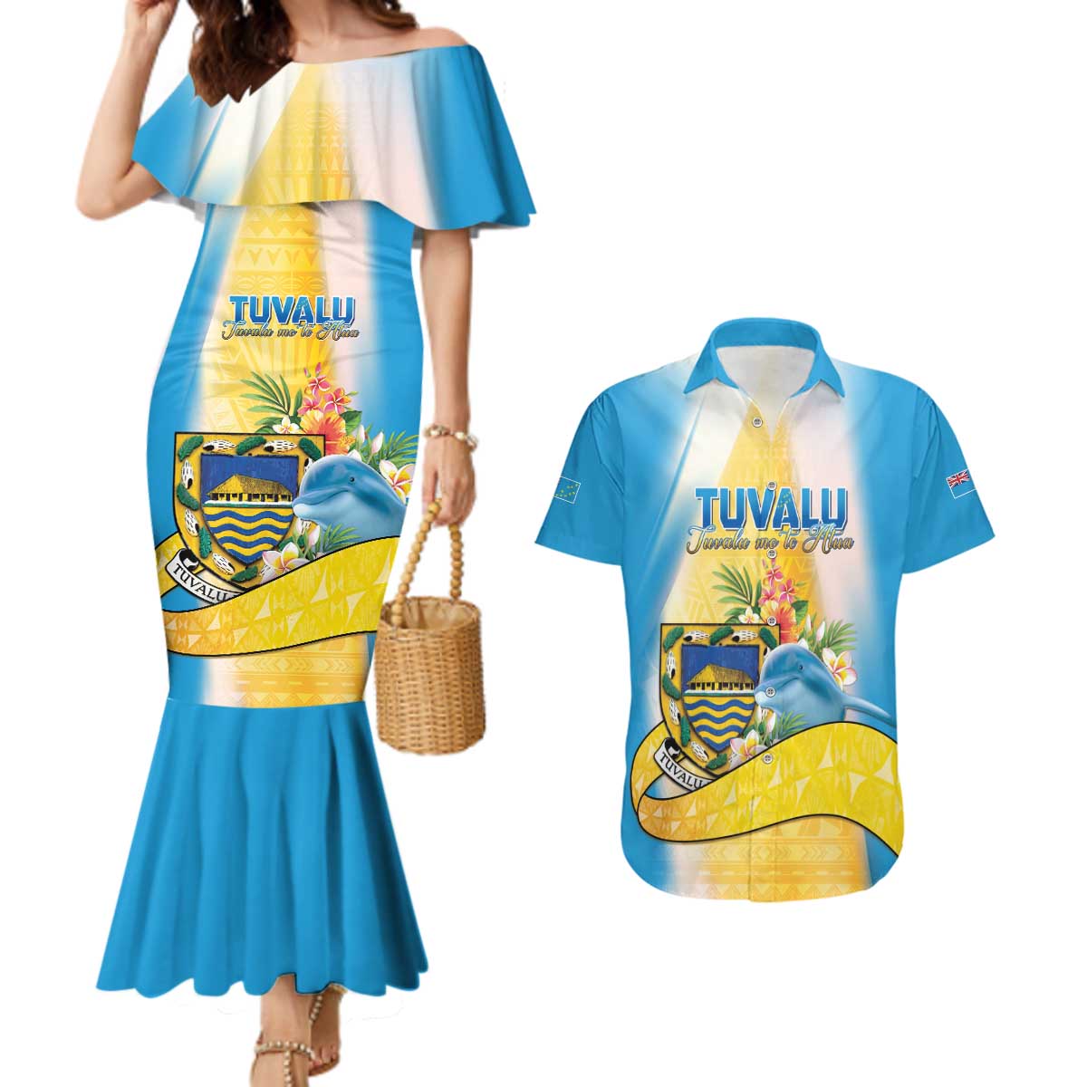 Personalised Tuvalu Independence Day Couples Matching Mermaid Dress and Hawaiian Shirt Tuvalu Mo Te Atua - Polynesian Pride