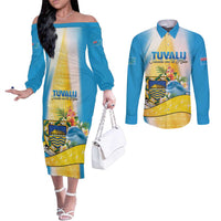 Personalised Tuvalu Independence Day Couples Matching Off The Shoulder Long Sleeve Dress and Long Sleeve Button Shirt Tuvalu Mo Te Atua - Polynesian Pride