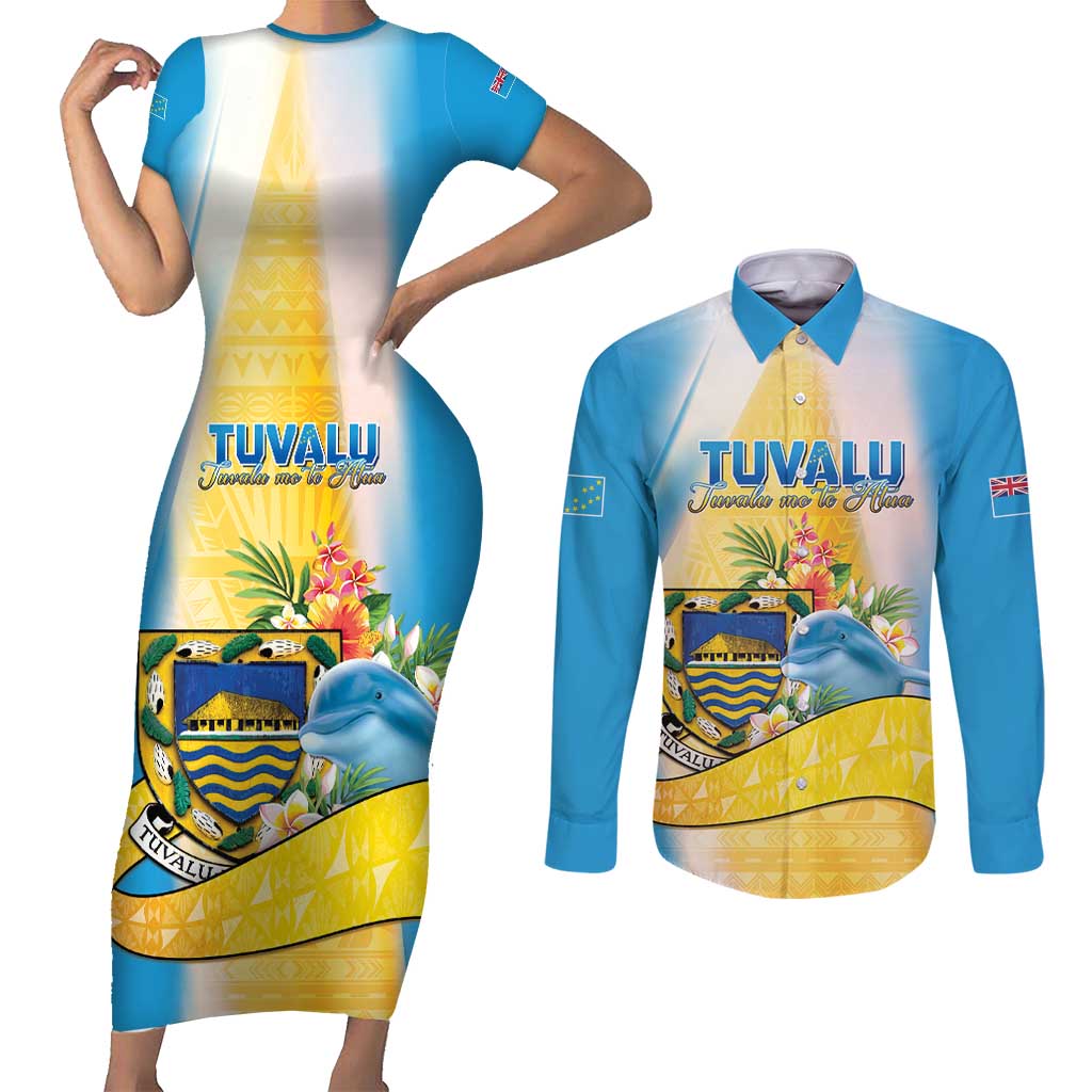 Personalised Tuvalu Independence Day Couples Matching Short Sleeve Bodycon Dress and Long Sleeve Button Shirt Tuvalu Mo Te Atua - Polynesian Pride