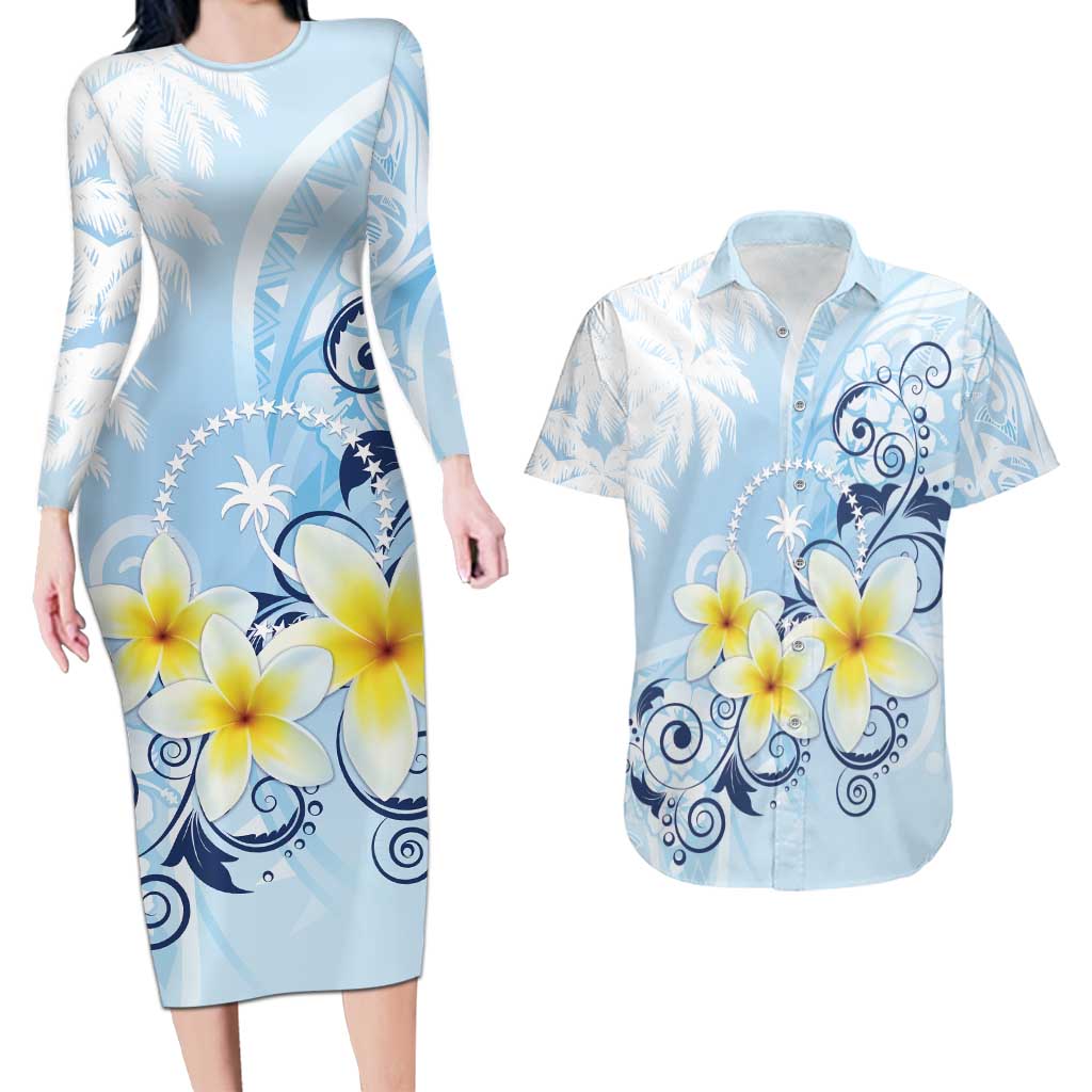 FSM Chuuk Constitution Day Couples Matching Long Sleeve Bodycon Dress and Hawaiian Shirt Polynesian Curves Plumeria - Polynesian Pride