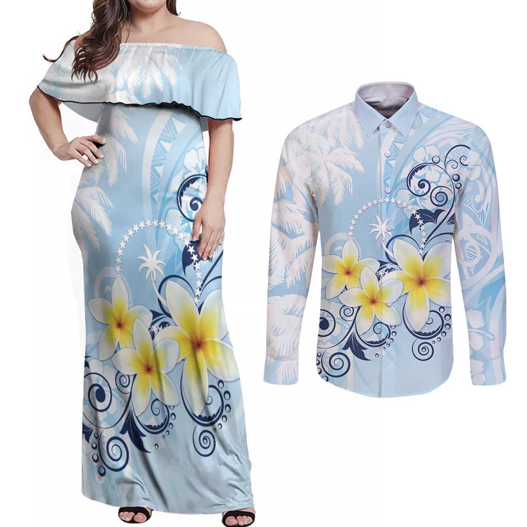 FSM Chuuk Constitution Day Couples Matching Off Shoulder Maxi Dress and Long Sleeve Button Shirt Polynesian Curves Plumeria - Polynesian Pride