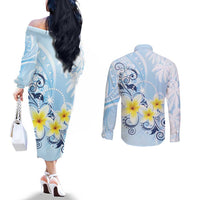 FSM Chuuk Constitution Day Couples Matching Off The Shoulder Long Sleeve Dress and Long Sleeve Button Shirt Polynesian Curves Plumeria - Polynesian Pride