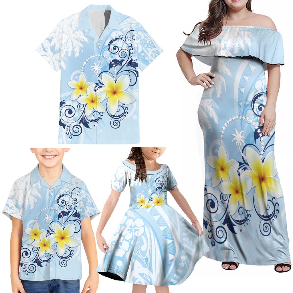 FSM Chuuk Constitution Day Family Matching Off Shoulder Maxi Dress and Hawaiian Shirt Polynesian Curves Plumeria - Polynesian Pride