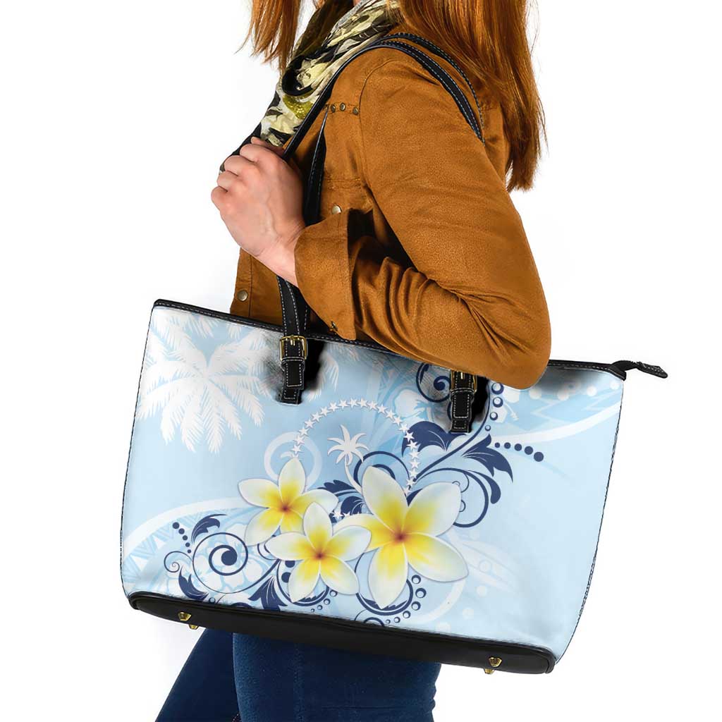 FSM Chuuk Constitution Day Leather Tote Bag Polynesian Curves Plumeria - Polynesian Pride
