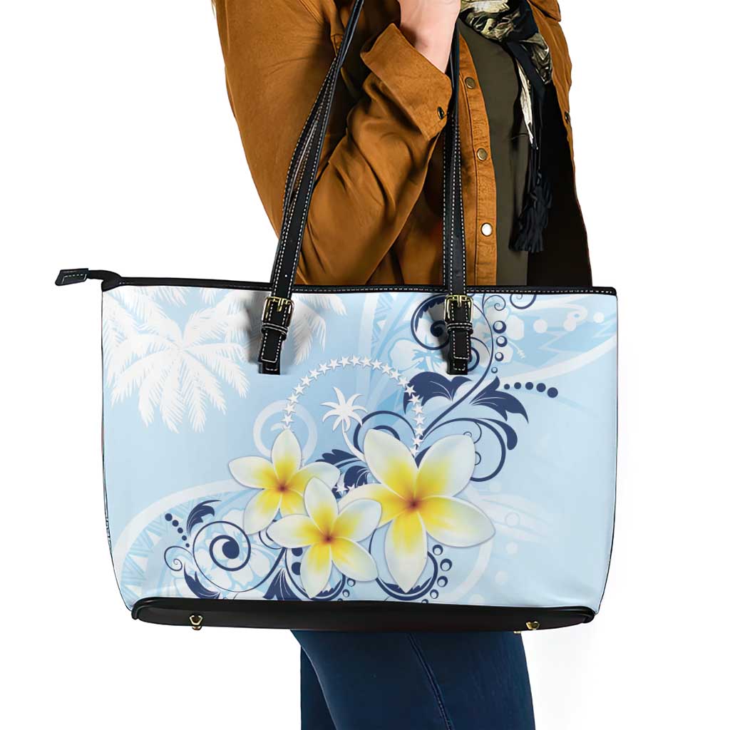 FSM Chuuk Constitution Day Leather Tote Bag Polynesian Curves Plumeria - Polynesian Pride