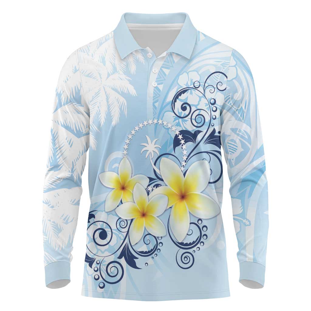 FSM Chuuk Constitution Day Long Sleeve Polo Shirt Polynesian Curves Plumeria - Polynesian Pride