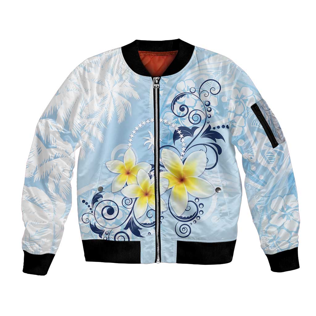 FSM Chuuk Constitution Day Sleeve Zip Bomber Jacket Polynesian Curves Plumeria - Polynesian Pride