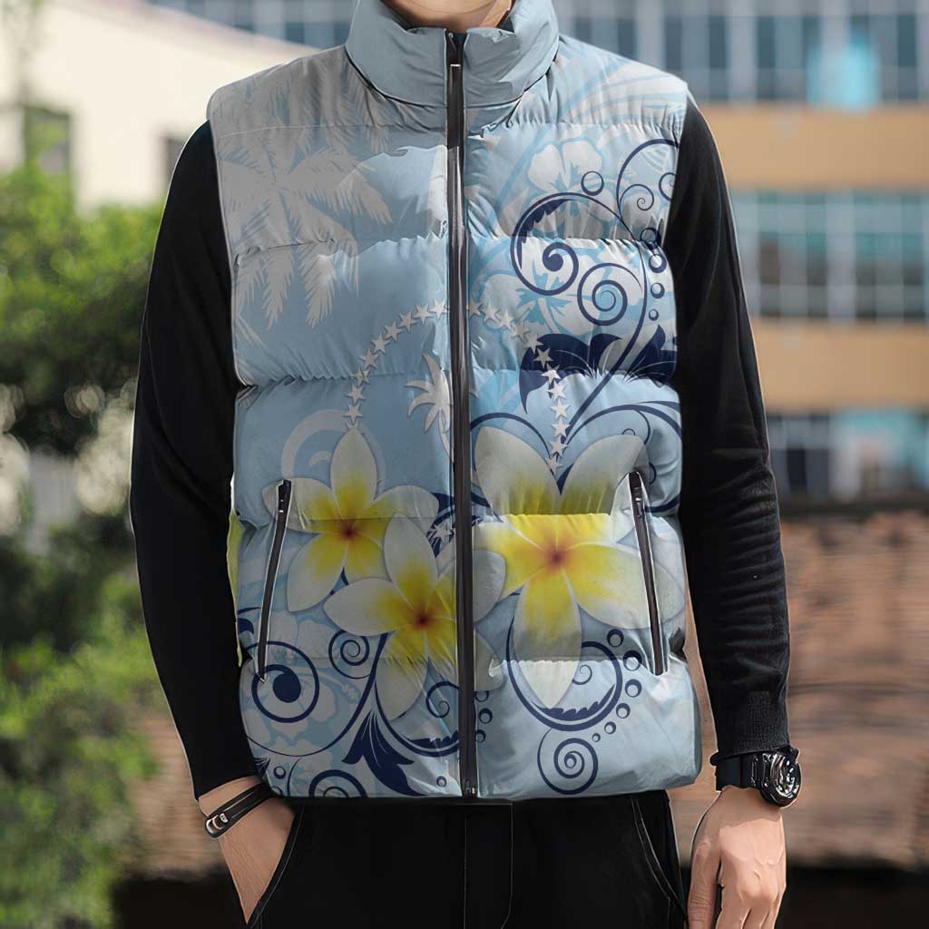 FSM Chuuk Constitution Day Sleeveless Puffer Jacket Polynesian Curves Plumeria - Polynesian Pride