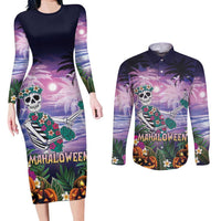 Happy Hulaween Couples Matching Long Sleeve Bodycon Dress and Long Sleeve Button Shirt Mahaloween Skeleton Dancing
