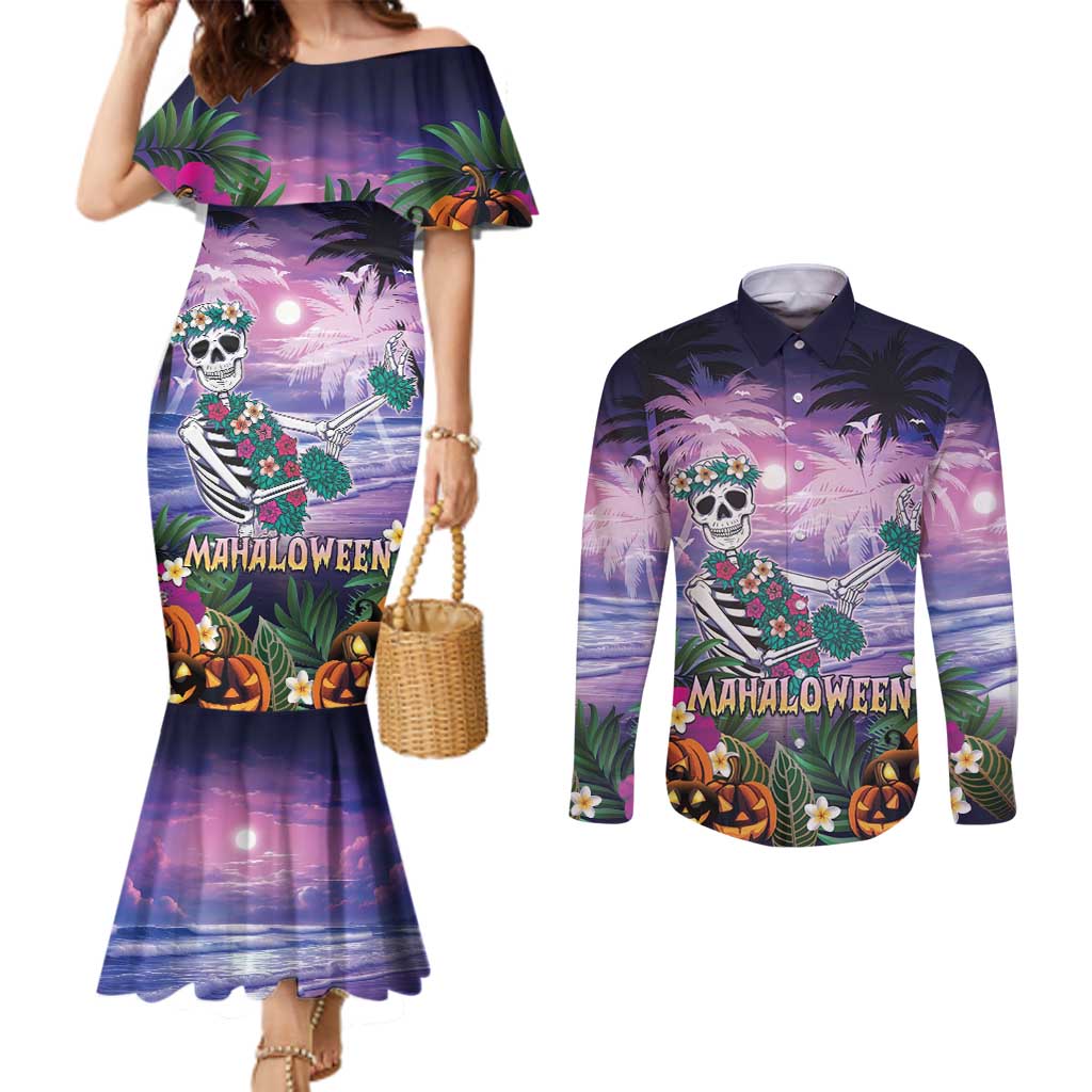 Happy Hulaween Couples Matching Mermaid Dress and Long Sleeve Button Shirt Mahaloween Skeleton Dancing