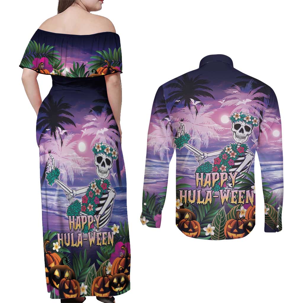 Happy Hulaween Couples Matching Off Shoulder Maxi Dress and Long Sleeve Button Shirt Mahaloween Skeleton Dancing