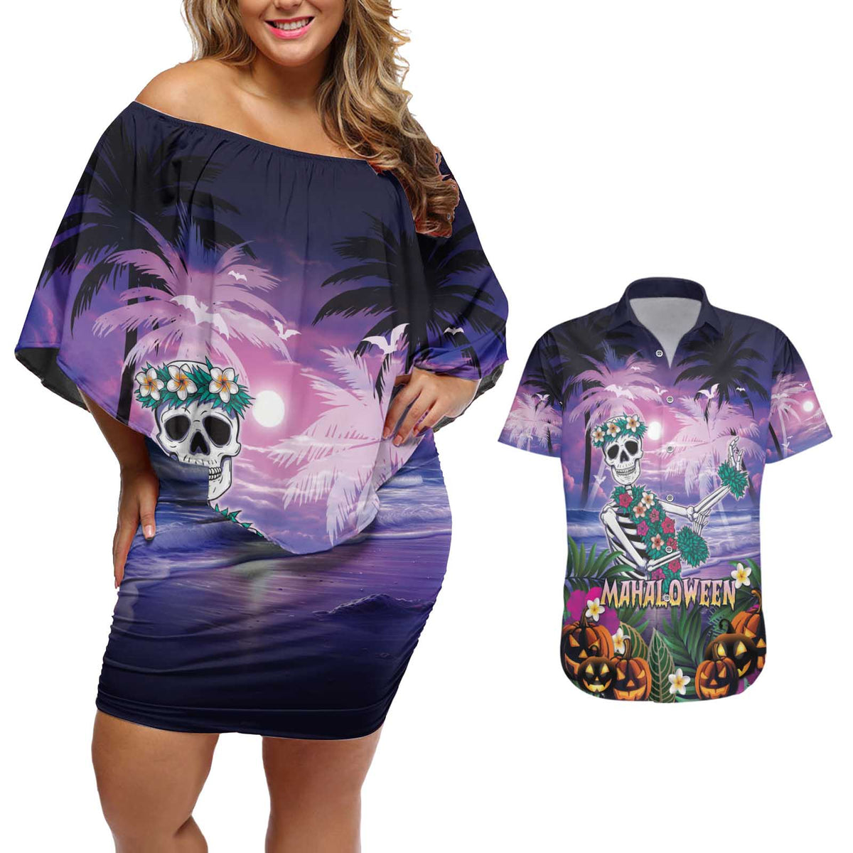 Happy Hulaween Couples Matching Off Shoulder Short Dress and Hawaiian Shirt Mahaloween Skeleton Dancing
