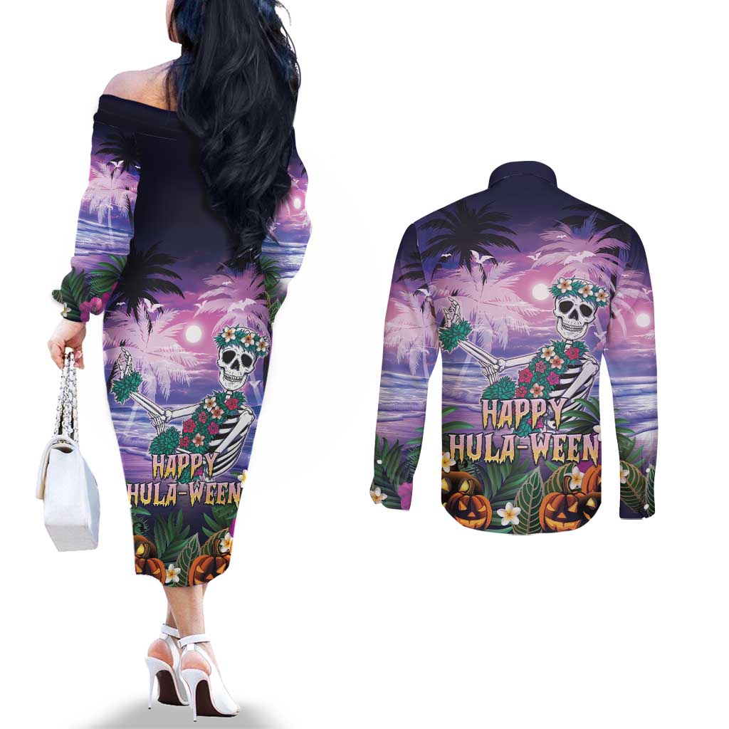 Happy Hulaween Couples Matching Off The Shoulder Long Sleeve Dress and Long Sleeve Button Shirt Mahaloween Skeleton Dancing