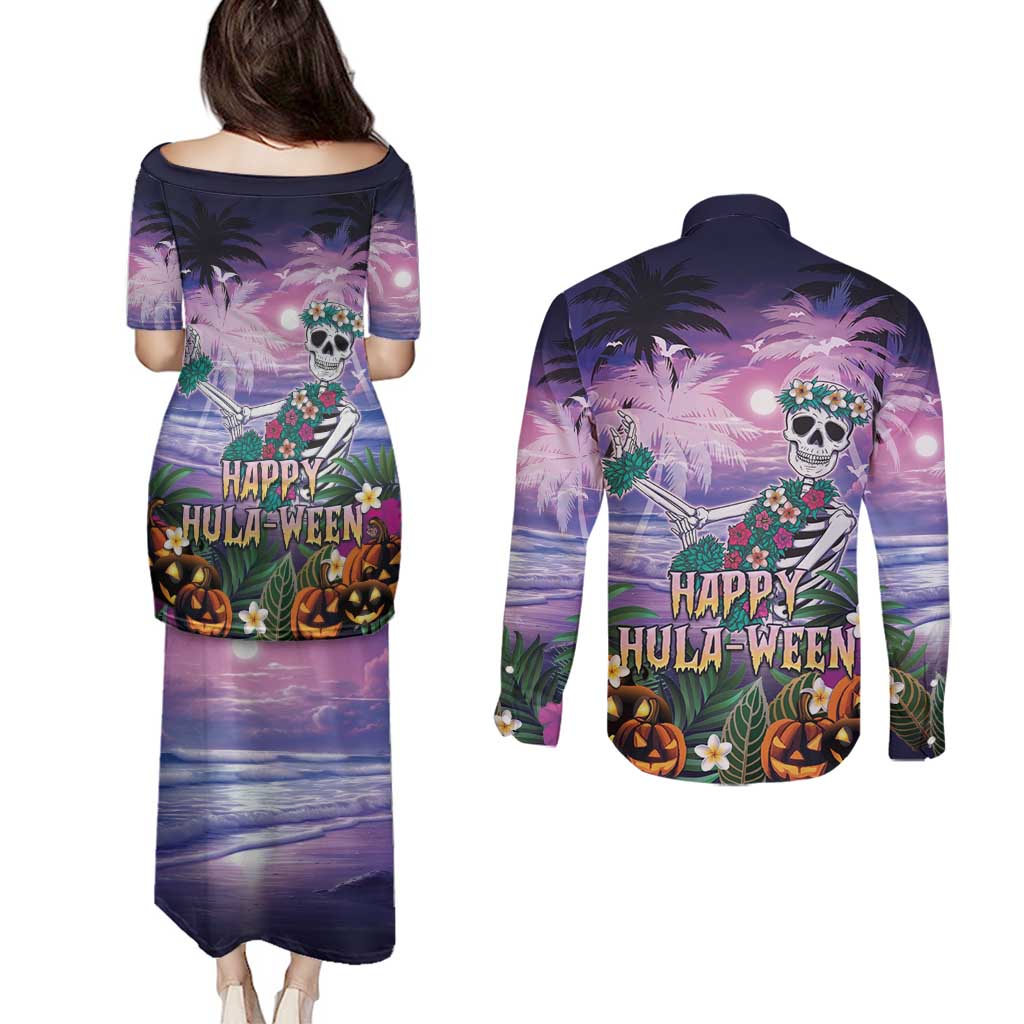 Happy Hulaween Couples Matching Puletasi and Long Sleeve Button Shirt Mahaloween Skeleton Dancing LT05 - Polynesian Pride