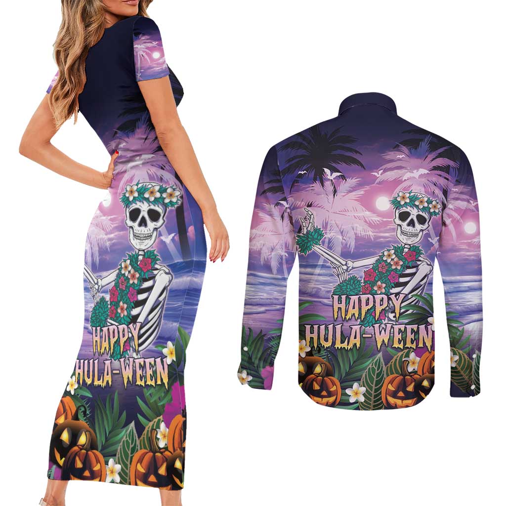 Happy Hulaween Couples Matching Short Sleeve Bodycon Dress and Long Sleeve Button Shirt Mahaloween Skeleton Dancing