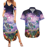 Happy Hulaween Couples Matching Summer Maxi Dress and Hawaiian Shirt Mahaloween Skeleton Dancing