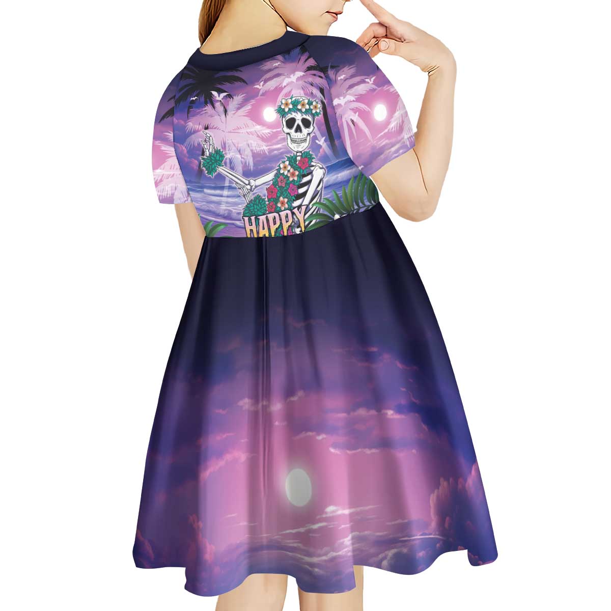 Happy Hulaween Kid Short Sleeve Dress Mahaloween Skeleton Dancing LT05 - Polynesian Pride