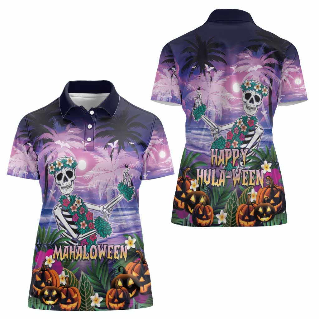 Happy Hulaween Women Polo Shirt Mahaloween Skeleton Dancing