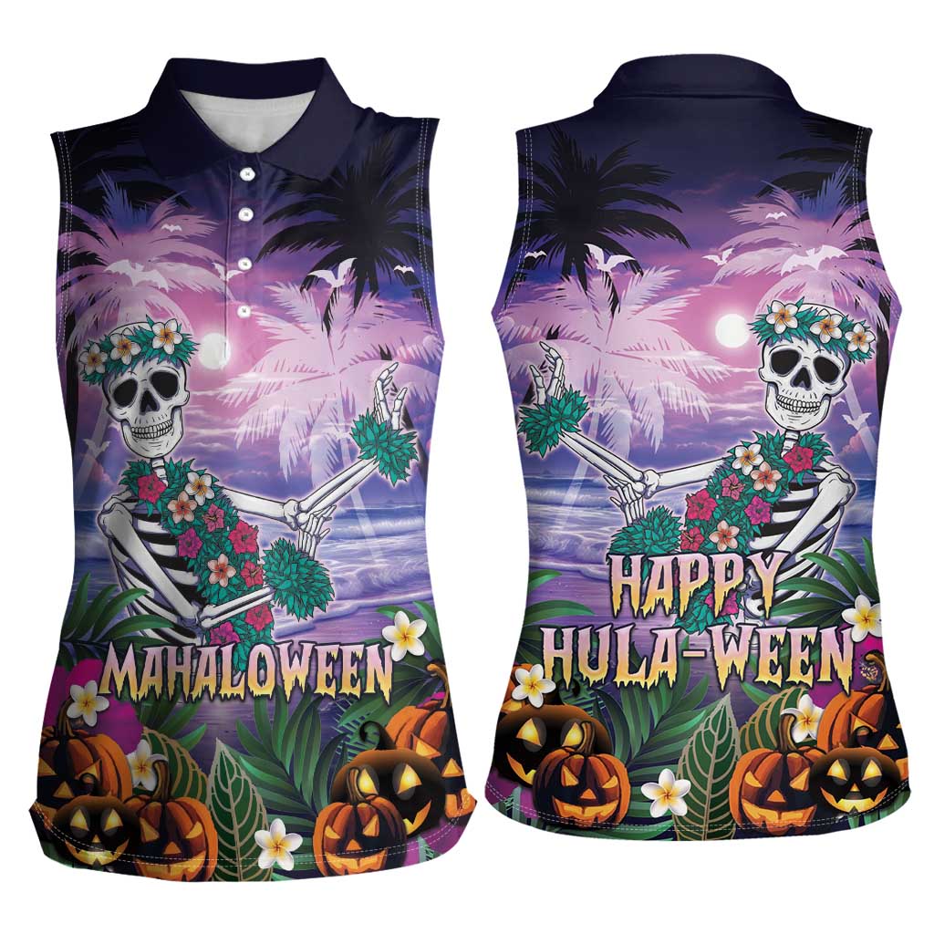 Happy Hulaween Women Sleeveless Polo Shirt Mahaloween Skeleton Dancing LT05 - Polynesian Pride