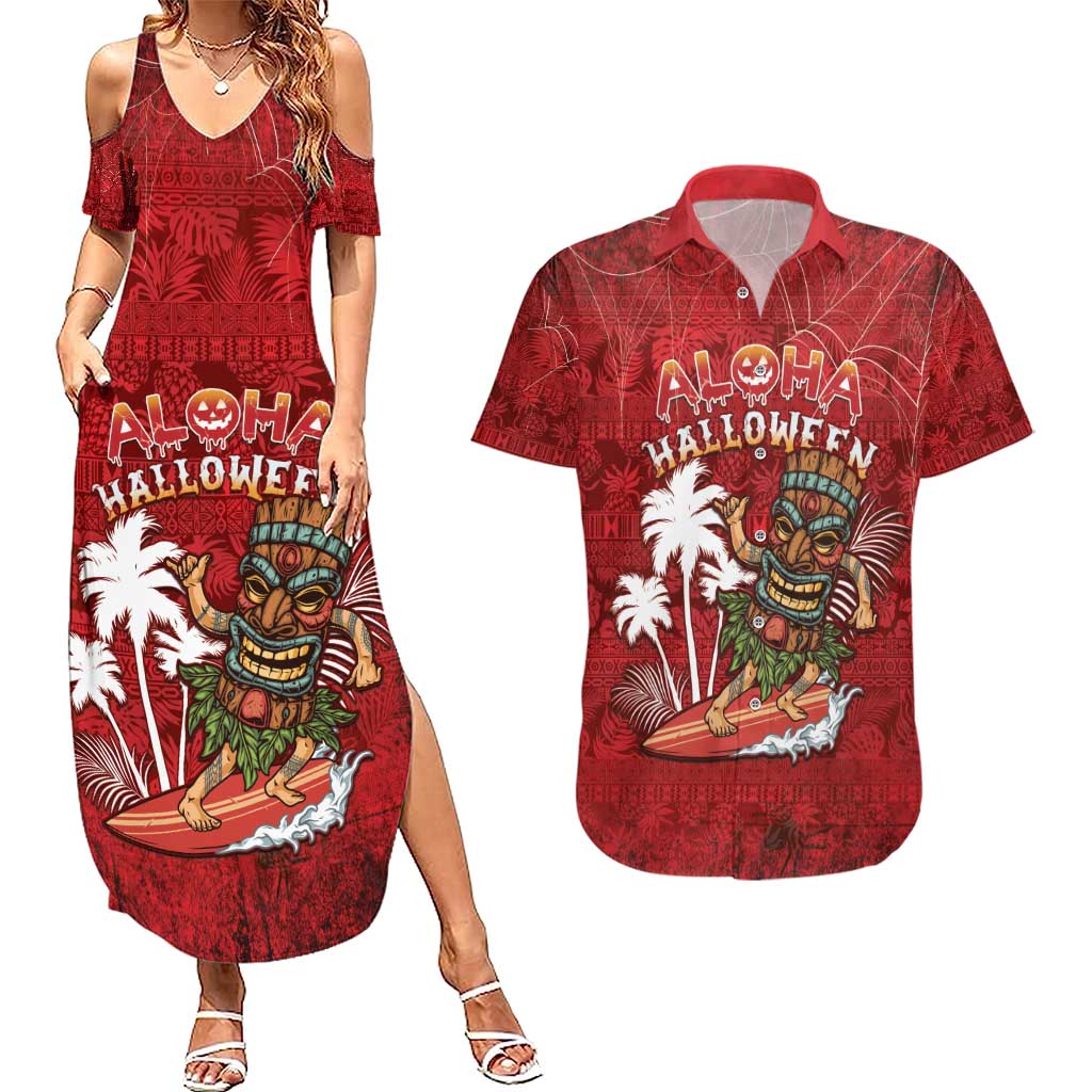 Personalised Aloha Halloween Couples Matching Summer Maxi Dress and Hawaiian Shirt Skeleton Surfing