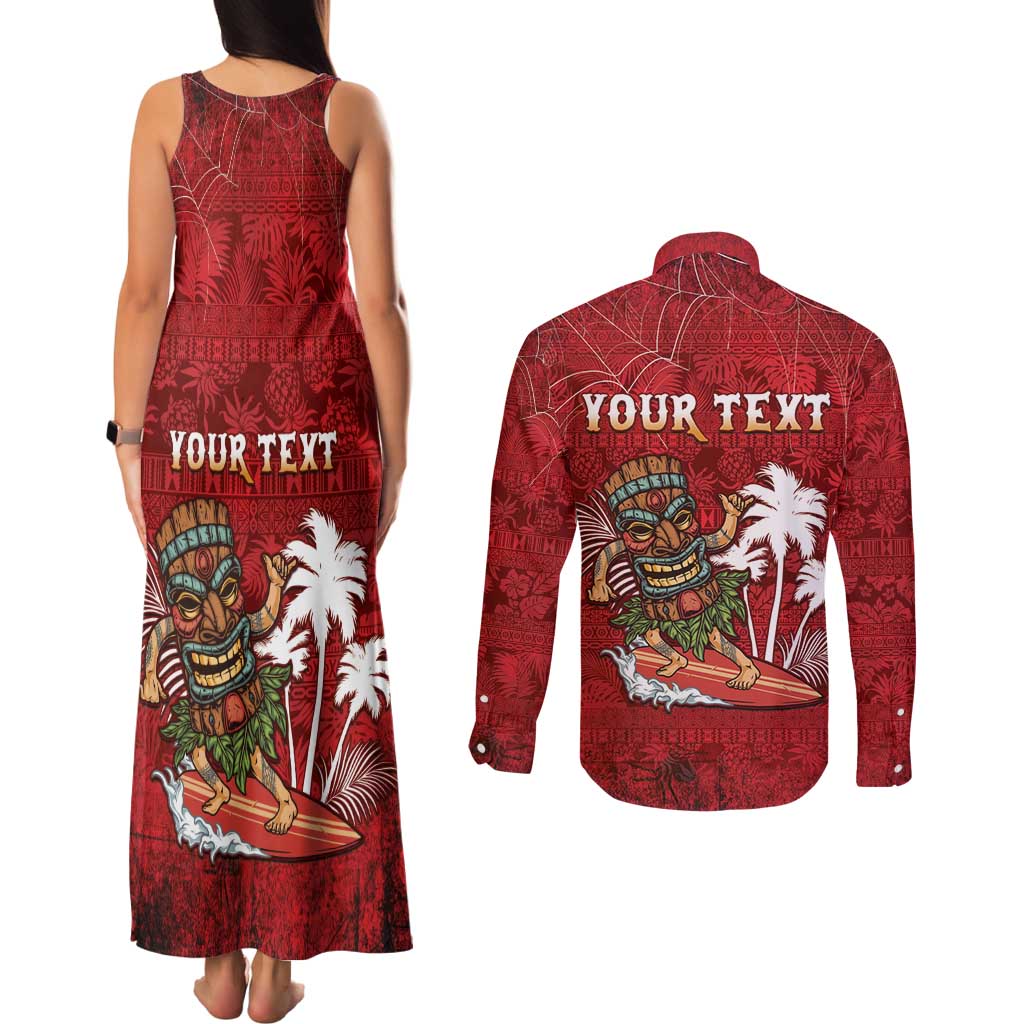 Personalised Aloha Halloween Couples Matching Tank Maxi Dress and Long Sleeve Button Shirt Skeleton Surfing