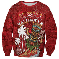 Personalised Aloha Halloween Sweatshirt Skeleton Surfing LT05 Unisex Red - Polynesian Pride