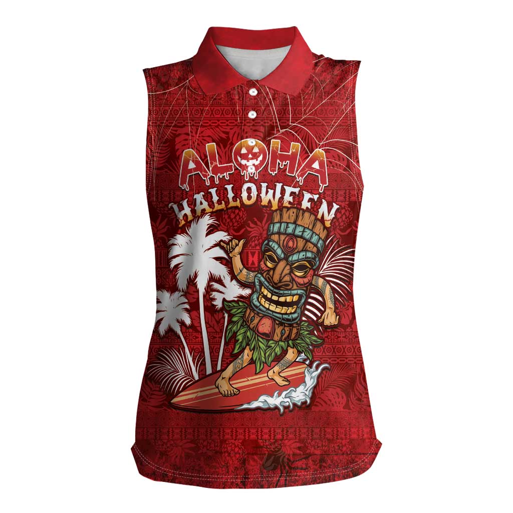 Personalised Aloha Halloween Women Sleeveless Polo Shirt Skeleton Surfing LT05 Female Red - Polynesian Pride