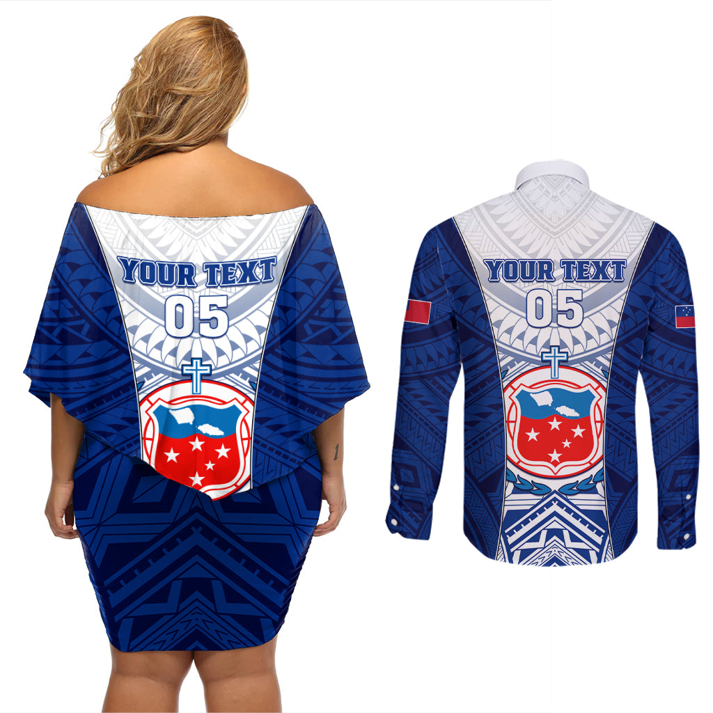 Custom Samoa Rugby Couples Matching Off Shoulder Short Dress and Long Sleeve Button Shirt 2023 Pacific Championships Polynesian Pattern LT05 - Polynesian Pride