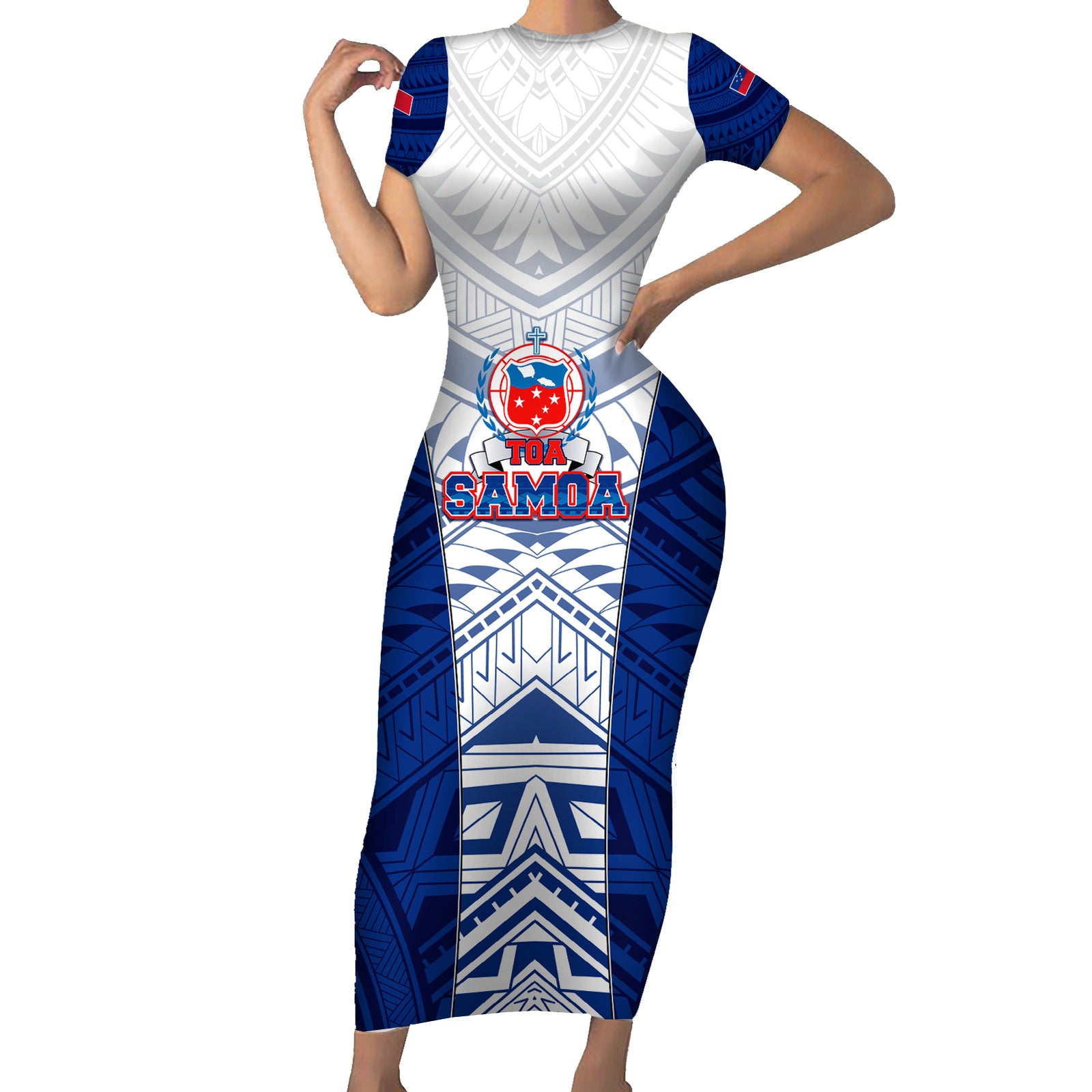Custom Samoa Rugby Short Sleeve Bodycon Dress 2023 Pacific Championships Polynesian Pattern LT05 Long Dress Blue - Polynesian Pride