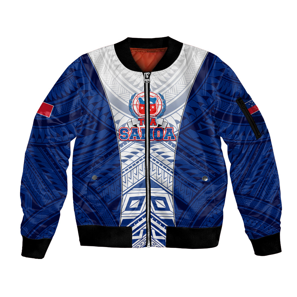 Custom Samoa Rugby Sleeve Zip Bomber Jacket 2023 Pacific Championships Polynesian Pattern LT05 Unisex Blue - Polynesian Pride