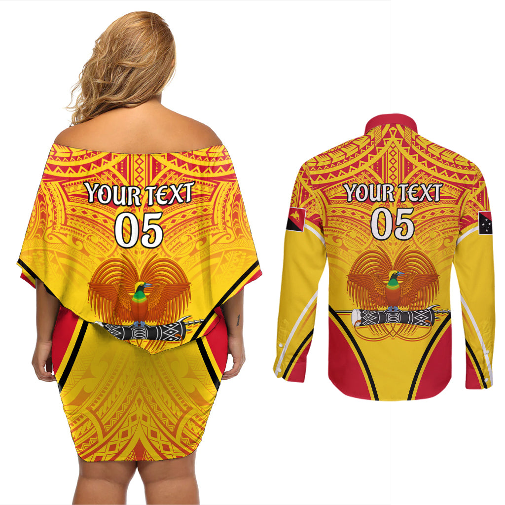 Custom Papua New Guinea Rugby Couples Matching Off Shoulder Short Dress and Long Sleeve Button Shirt 2023 Pacific Championships The Kumuls LT05 - Polynesian Pride