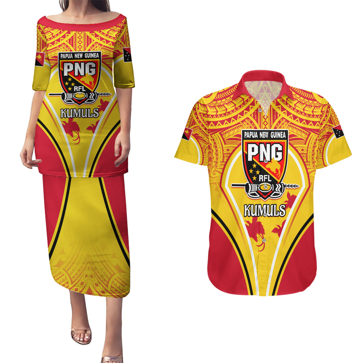 Custom Papua New Guinea Rugby Couples Matching Puletasi Dress and Hawaiian Shirt 2023 Pacific Championships The Kumuls LT05 Yellow - Polynesian Pride