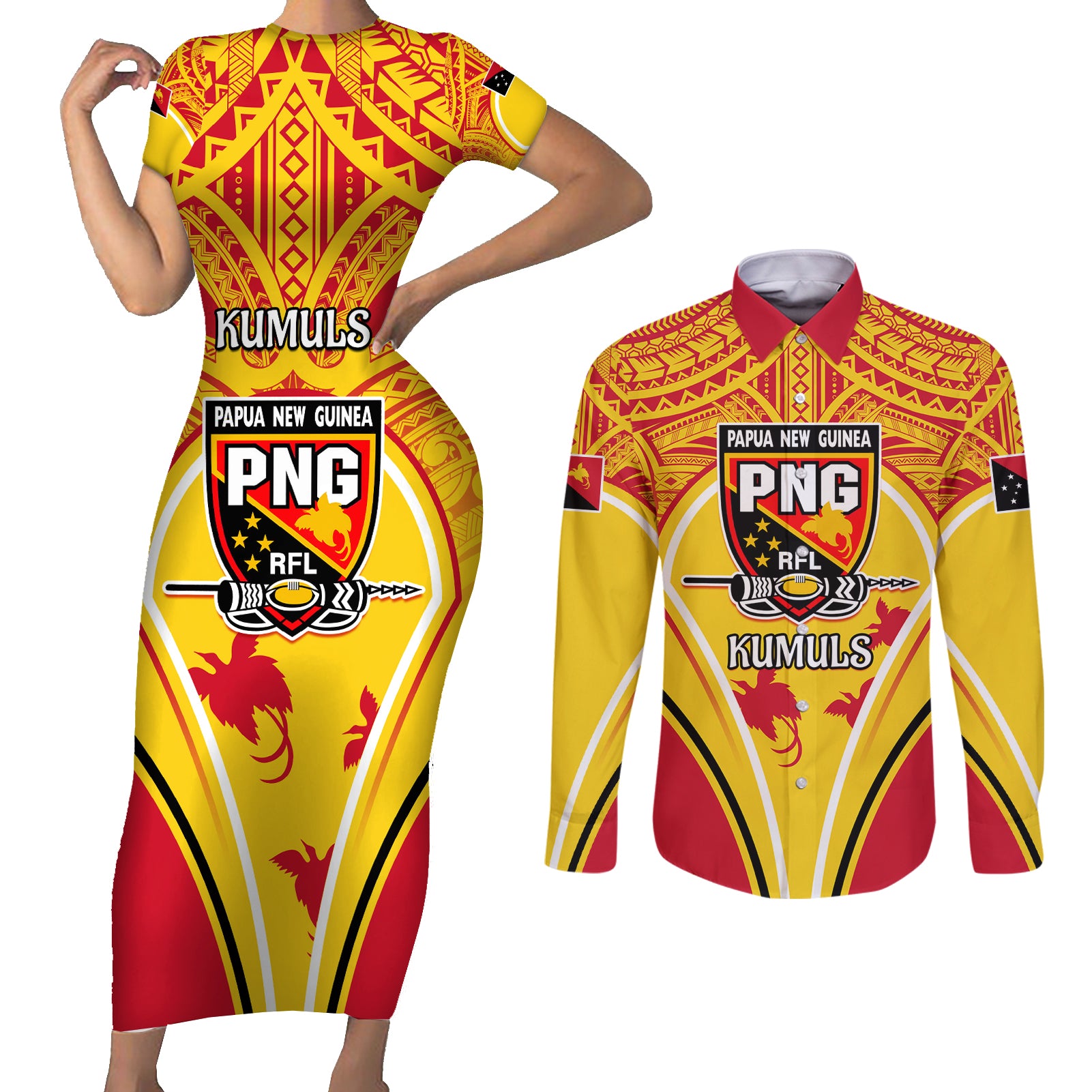 Custom Papua New Guinea Rugby Couples Matching Short Sleeve Bodycon Dress and Long Sleeve Button Shirt 2023 Pacific Championships The Kumuls LT05 Yellow - Polynesian Pride