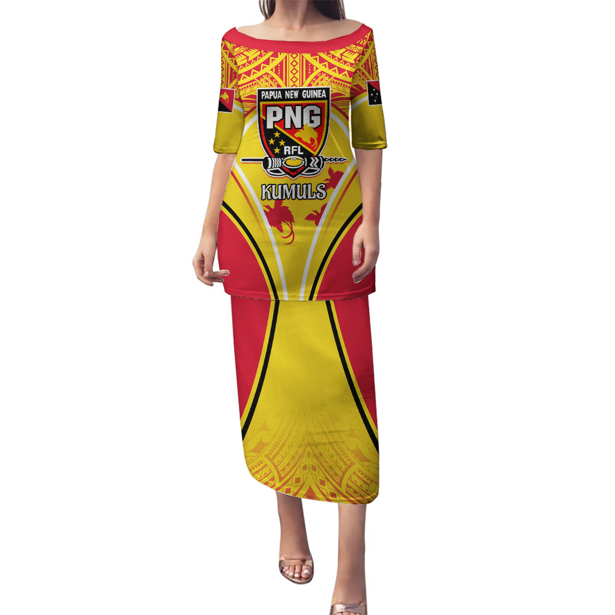 Custom Papua New Guinea Rugby Family Matching Puletasi Dress and Hawaiian Shirt 2023 Pacific Championships The Kumuls LT05 Mom's Dress Yellow - Polynesian Pride