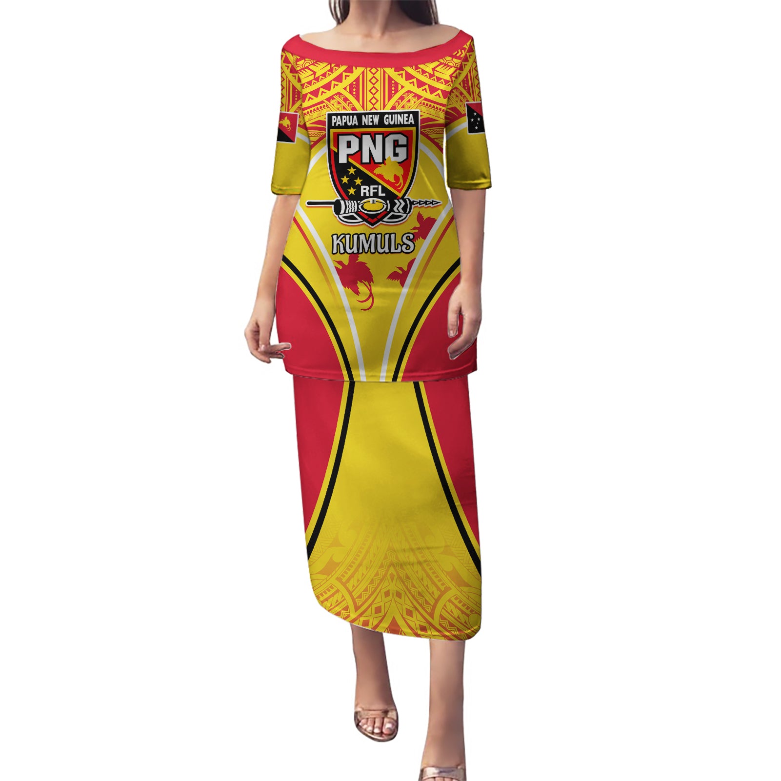 Custom Papua New Guinea Rugby Puletasi 2023 Pacific Championships The Kumuls LT05 Long Dress Yellow - Polynesian Pride