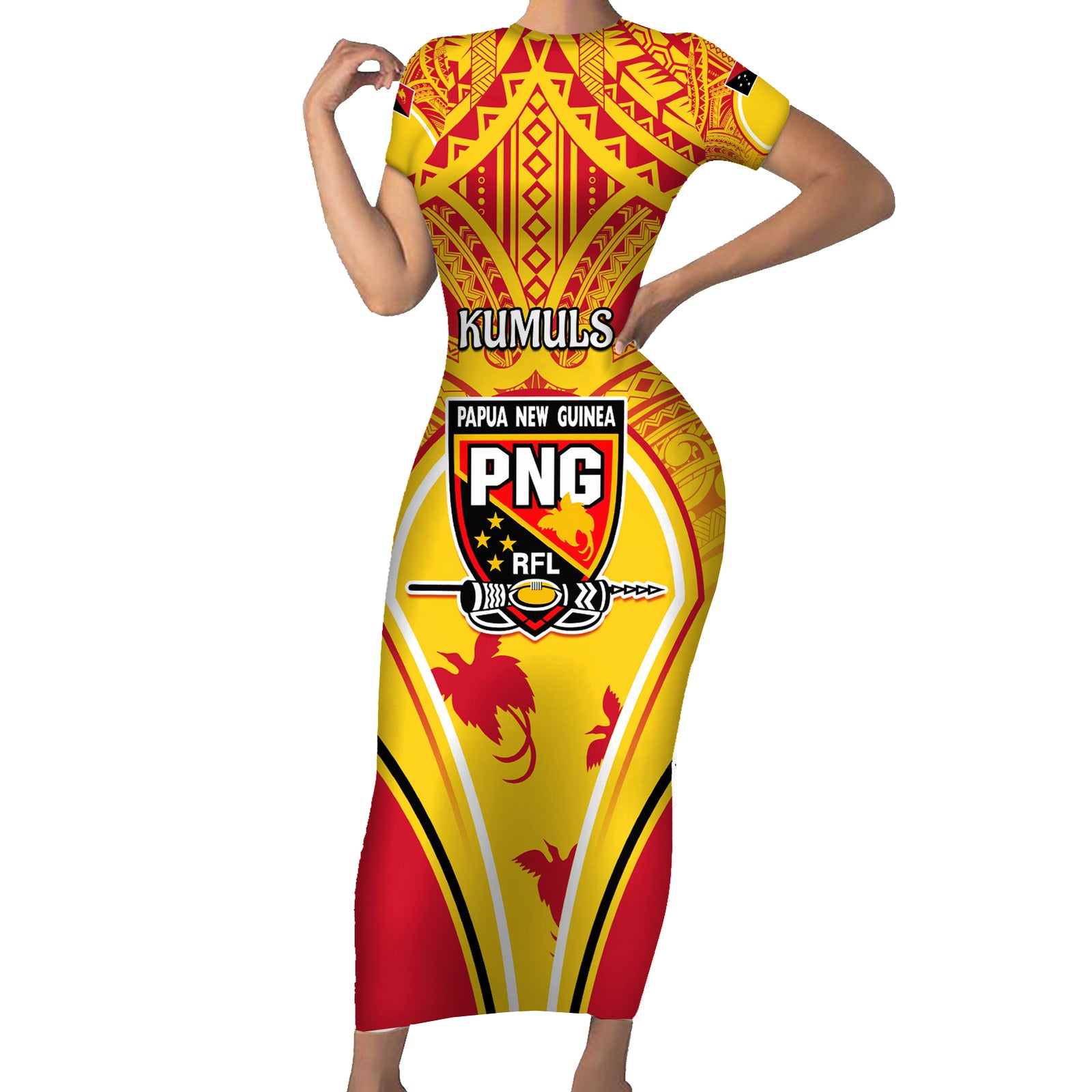 Custom Papua New Guinea Rugby Short Sleeve Bodycon Dress 2023 Pacific Championships The Kumuls LT05 Long Dress Yellow - Polynesian Pride