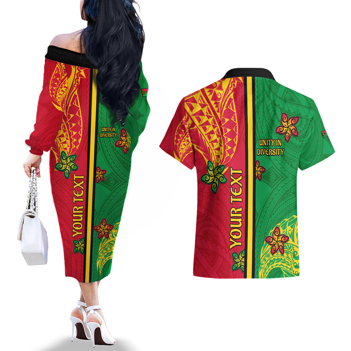 Personalised Vanuatu Happy Unity Day Couples Matching Off The Shoulder Long Sleeve Dress and Hawaiian Shirt Polynesian Plumeria LT05 - Polynesian Pride