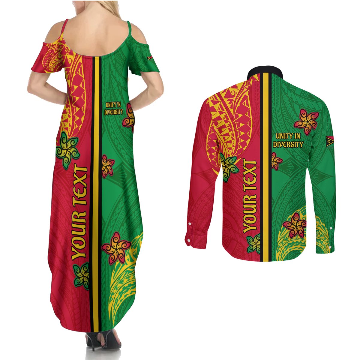 Personalised Vanuatu Happy Unity Day Couples Matching Summer Maxi Dress and Long Sleeve Button Shirt Polynesian Plumeria LT05 - Polynesian Pride
