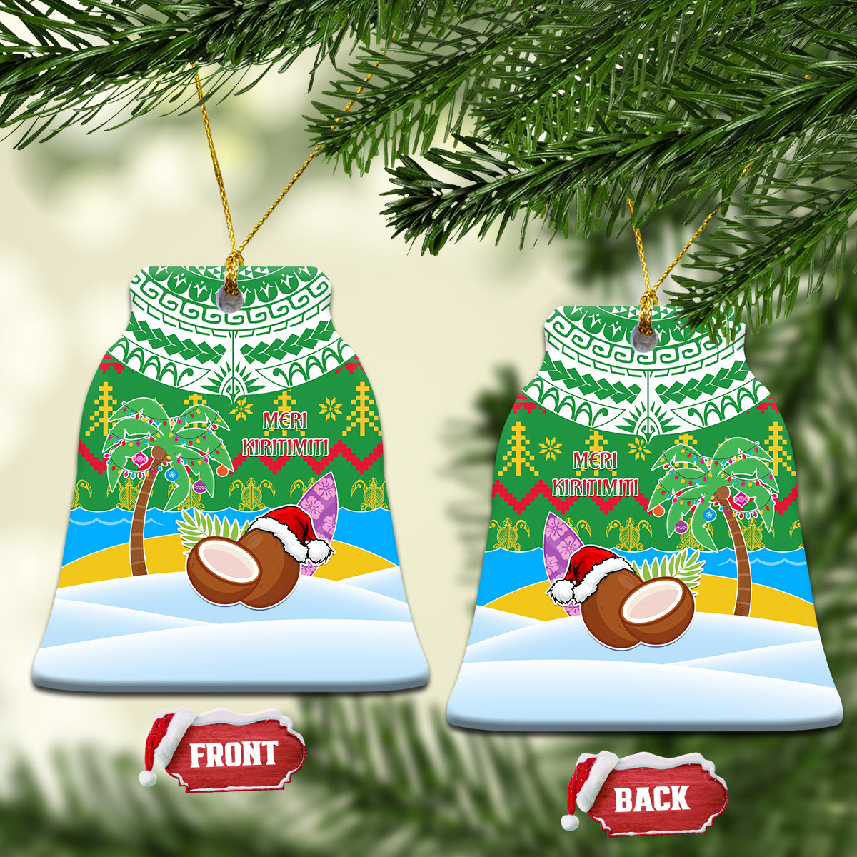 Personalised Cook Islands Christmas Ceramic Ornament Coconut Santa Beach Style LT05 Bell Flake Green - Polynesian Pride
