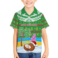 Personalised Cook Islands Christmas Family Matching Long Sleeve Bodycon Dress and Hawaiian Shirt Coconut Santa Beach Style LT05 Son's Shirt Green - Polynesian Pride