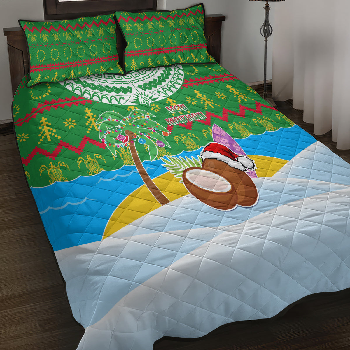 Cook Islands Christmas Quilt Bed Set Coconut Santa Beach Style LT05 - Polynesian Pride