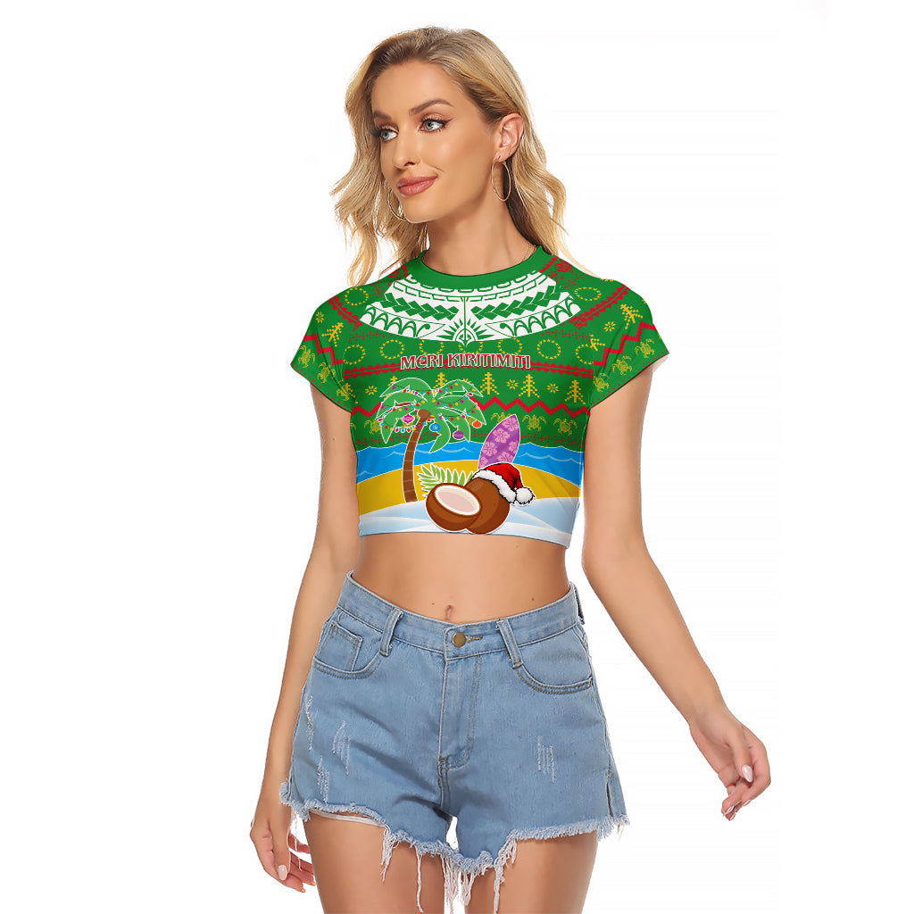 Personalised Cook Islands Christmas Raglan Cropped T Shirt Coconut Santa Beach Style LT05 Female Green - Polynesian Pride