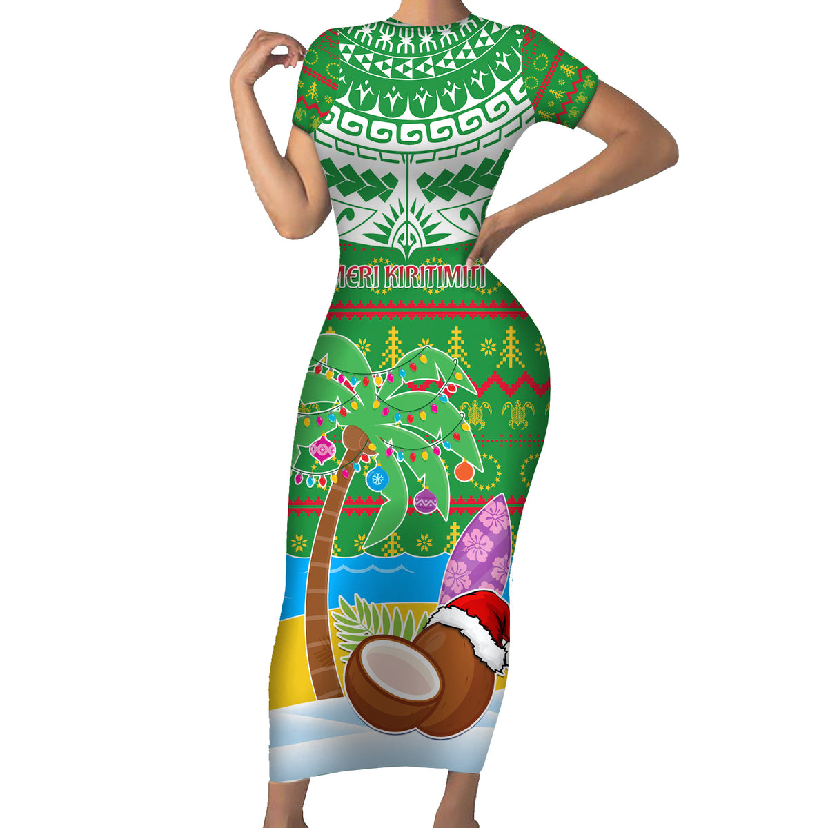 Personalised Cook Islands Christmas Short Sleeve Bodycon Dress Coconut Santa Beach Style LT05 Long Dress Green - Polynesian Pride