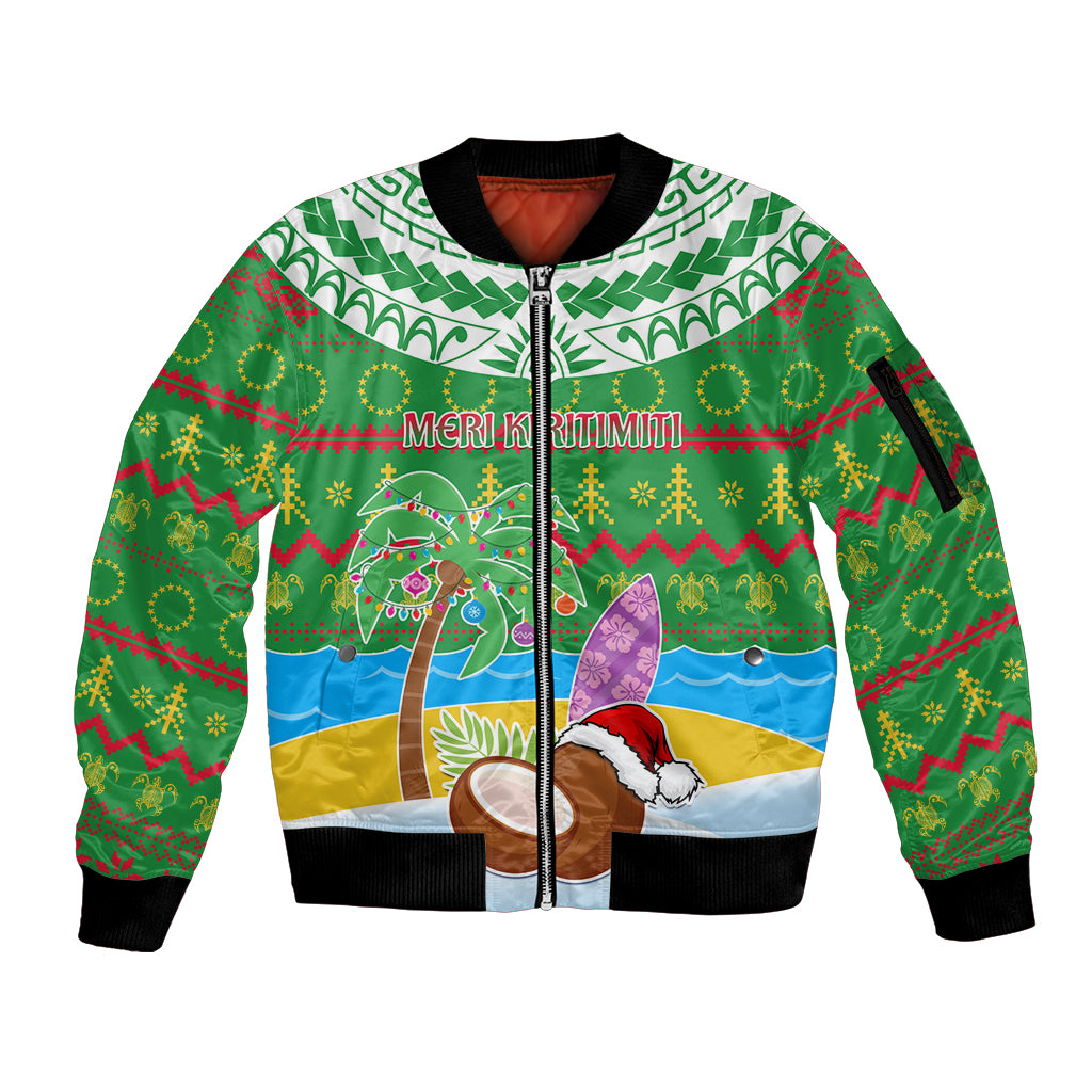 Personalised Cook Islands Christmas Sleeve Zip Bomber Jacket Coconut Santa Beach Style LT05 Unisex Green - Polynesian Pride