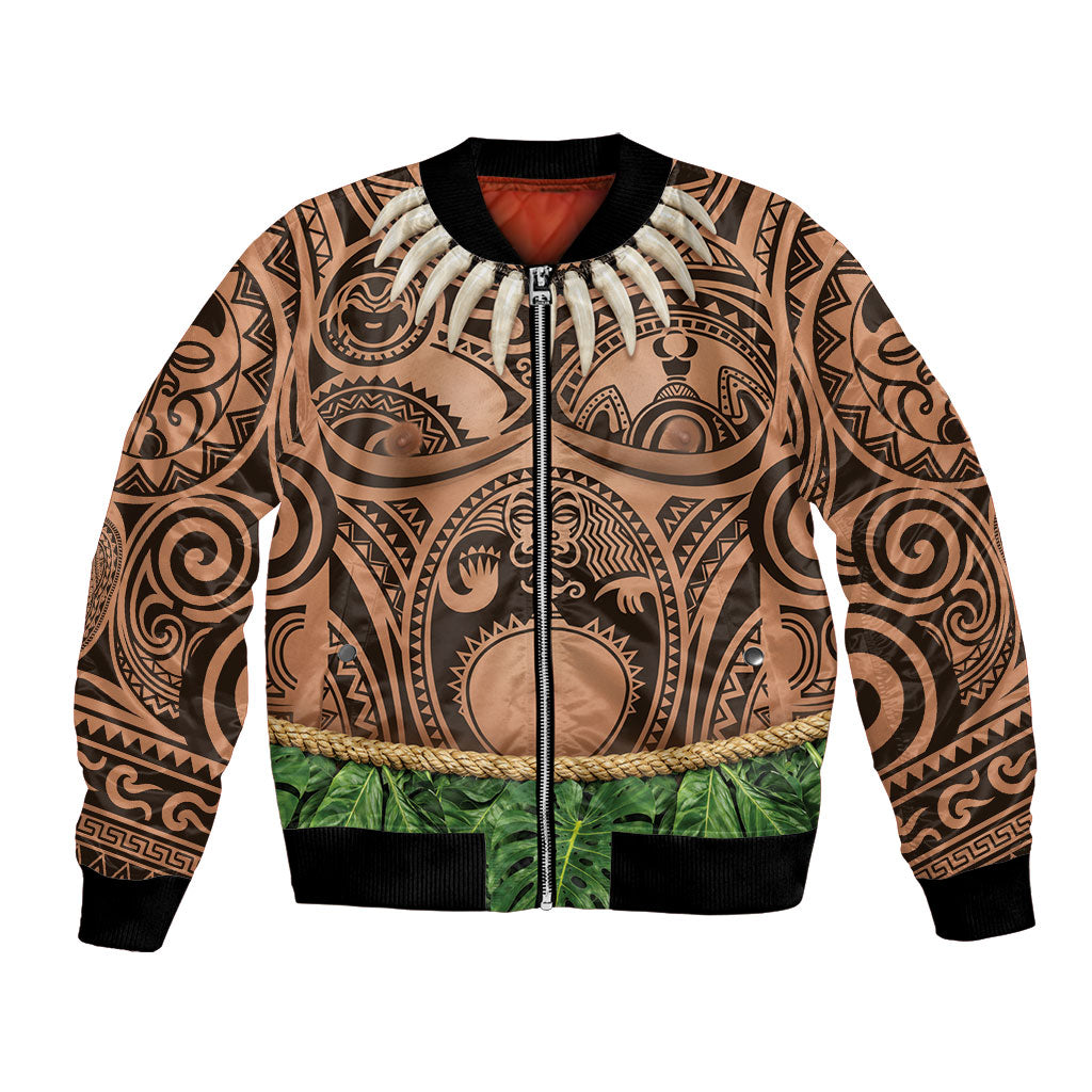 Hawaii Warrior Tattoo Inspired Bomber Jacket Tropical Leaf Skirt Costume LT05 Unisex Beige - Polynesian Pride