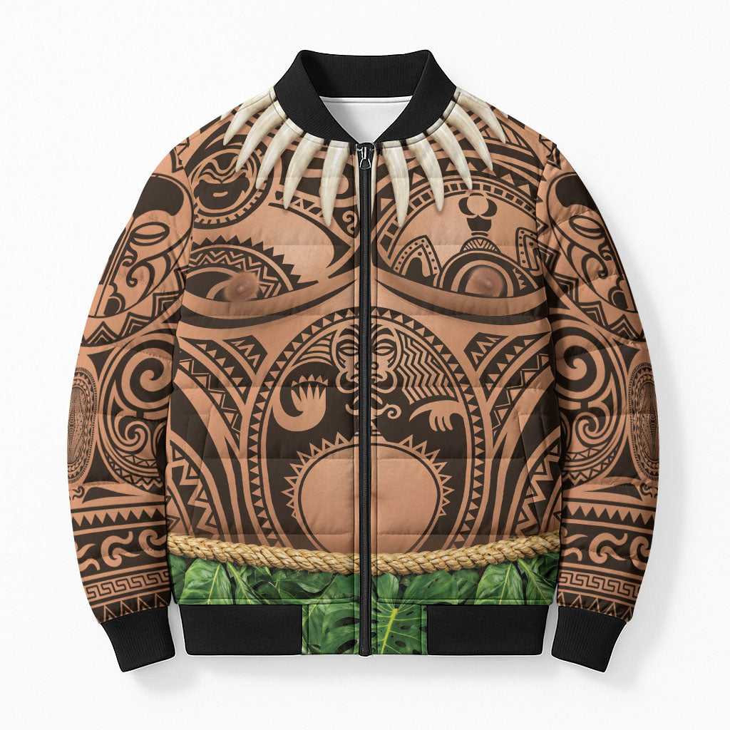 Hawaii Warrior Tattoo Inspired Bomber Puffer Jacket Tropical Leaf Skirt Costume LT05 Unisex Beige - Polynesian Pride