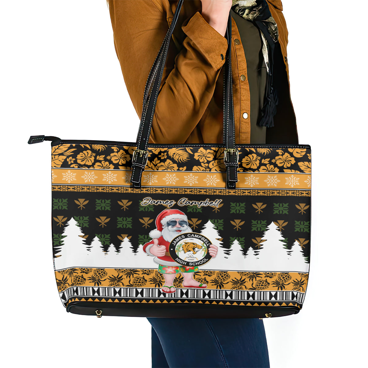 Custom Hawaii James Campbell High School Christmas Leather Tote Bag Tropical Santa Claus LT05 - Polynesian Pride