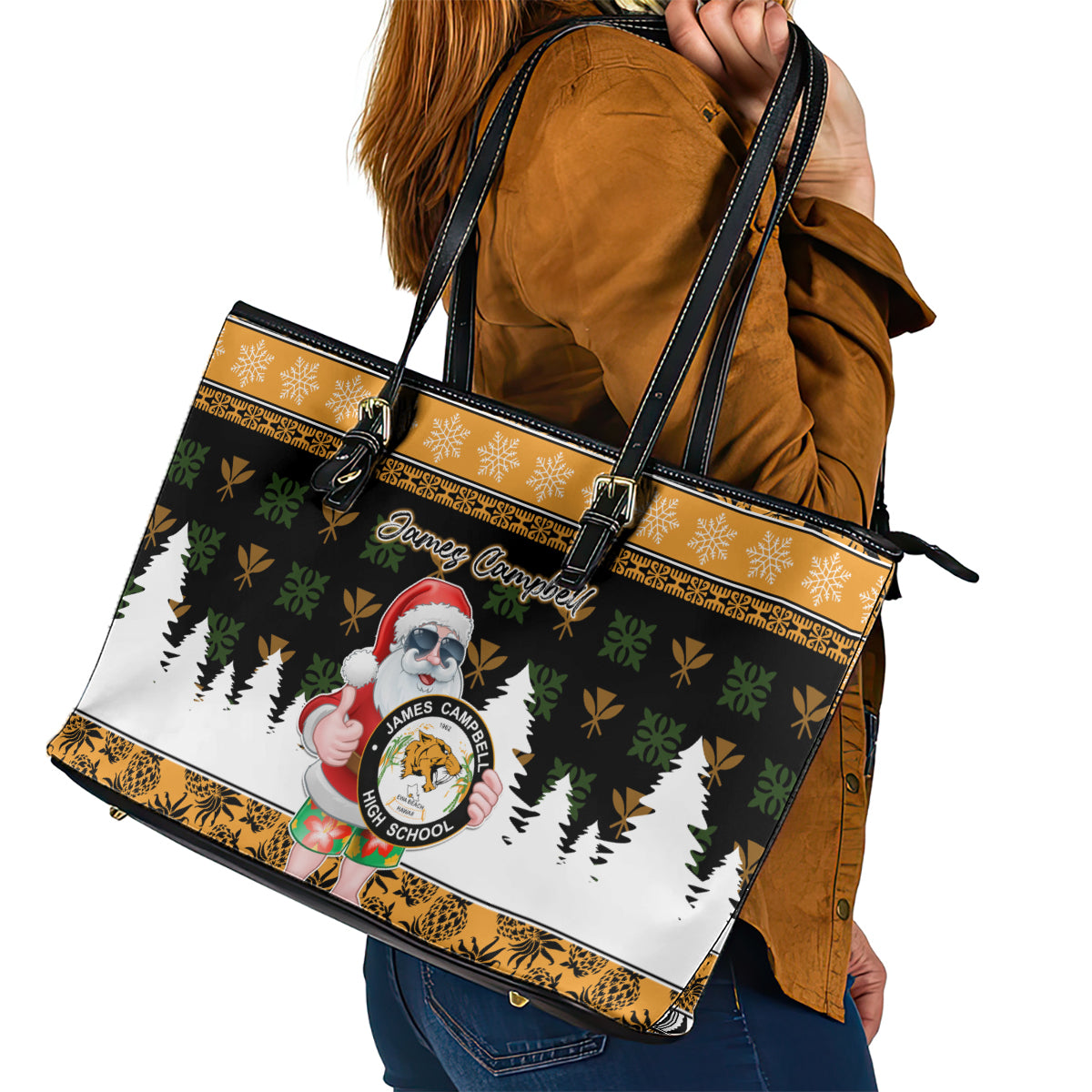Custom Hawaii James Campbell High School Christmas Leather Tote Bag Tropical Santa Claus LT05 - Polynesian Pride